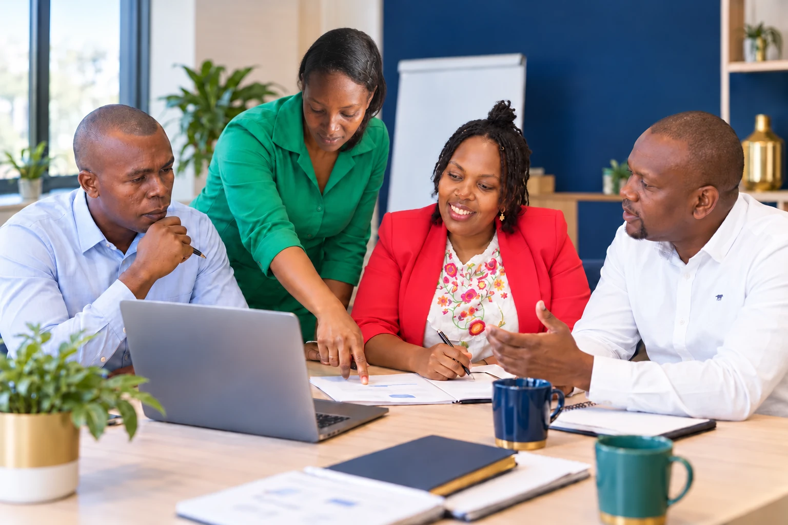 Illustrative workshop composite of four adults, with the standing facilitator in green looking at the paper she is pointing to